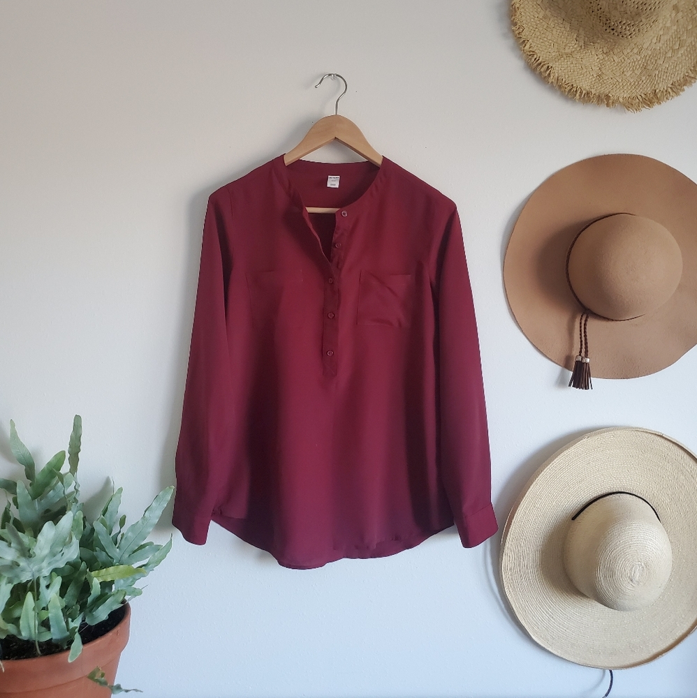 Maroon Long Sleeve Button Up Silky Blouse